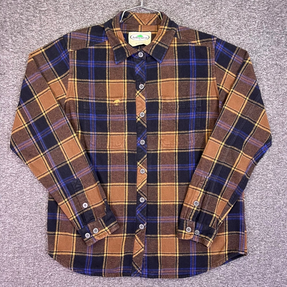 Arborwear Flannel Shirt Men M Brown Plaid Workwear Organic Cotton Hiking Utility